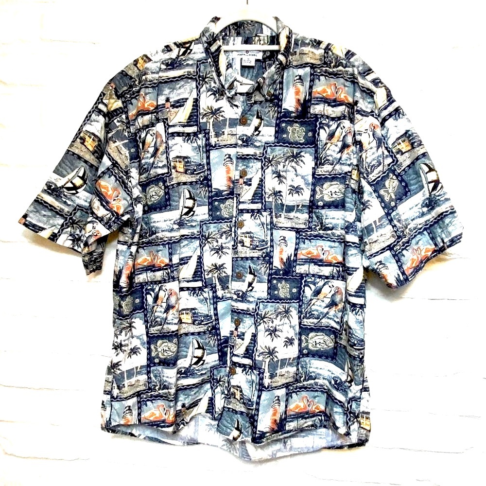 Mens Ocean Theme Print Button Up Camp Shirt, XL